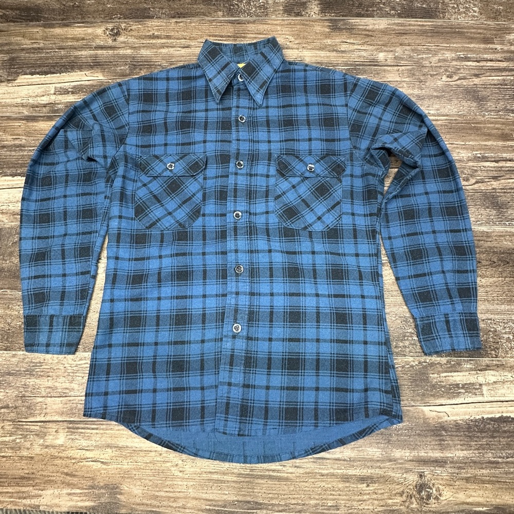 Vintage Sears Blue Plaid Flannel Shirt Workwear 70s 80s Small